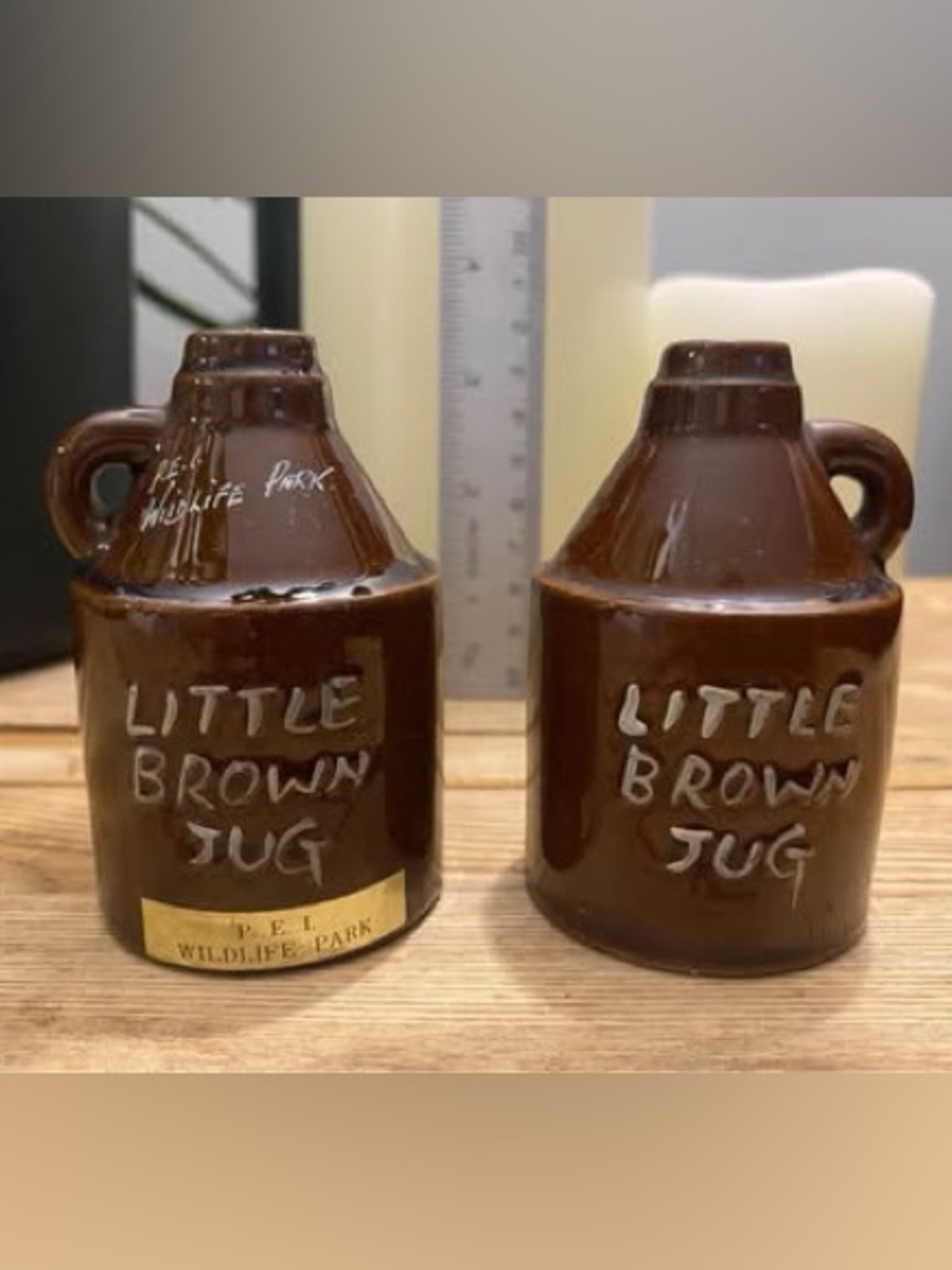 Vintage Little Brown Jug Salt & Pepper Shakers PEI Wildlife Park Souvenir Japan